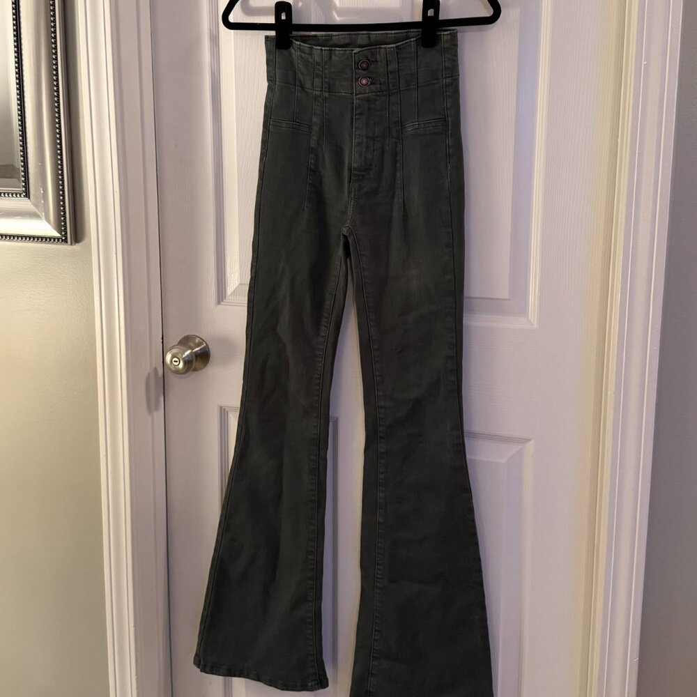 Free People / We The Free Jayde Green Super High Waisted Flare Jeans Pants 24